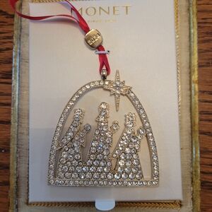 Monet 2024 Gold-Tone Jeweled Nativity Ornament Clear Rhinestones Red Ribbon NWT